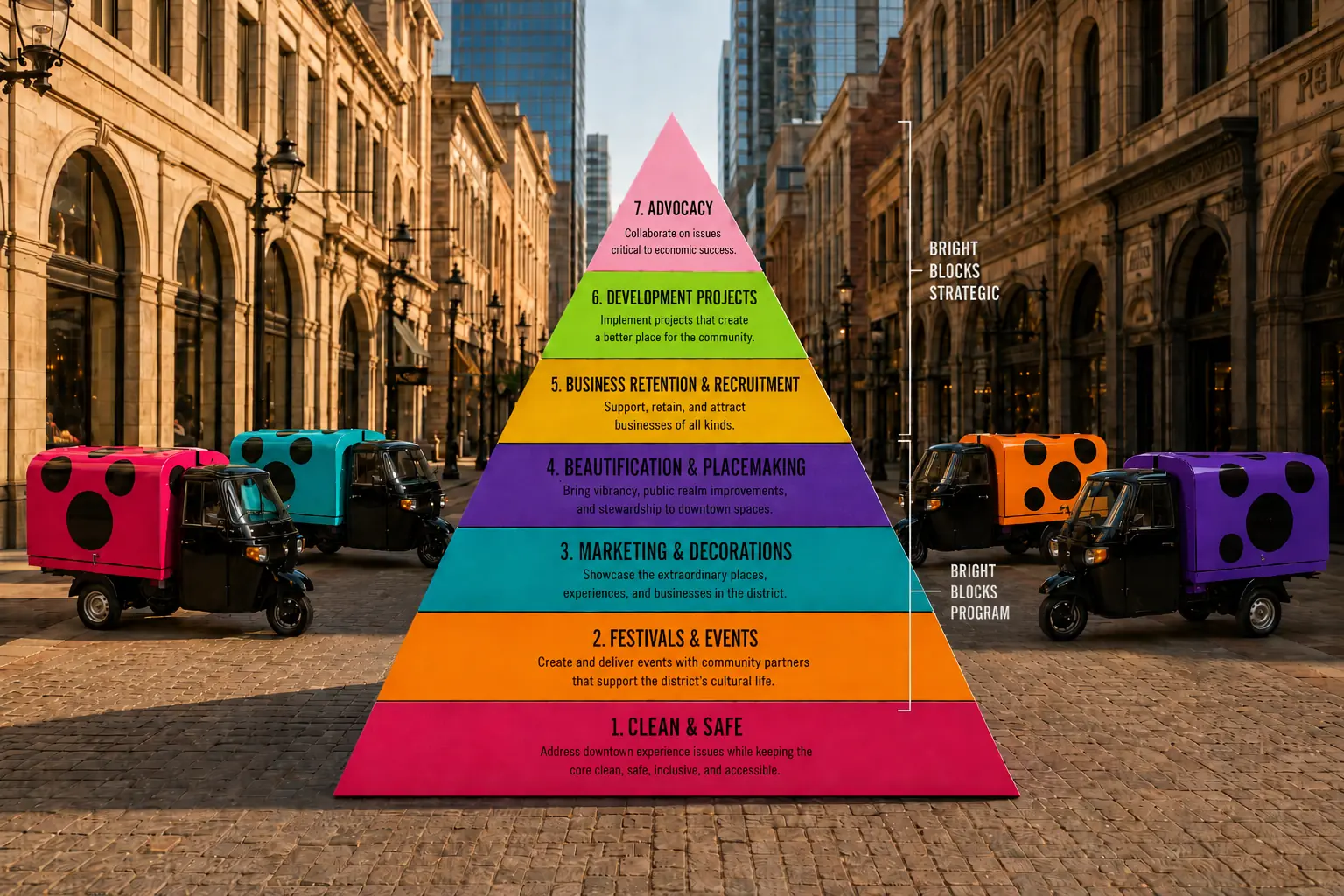 BIA hierarchy diagram - seven stacked layers, with the bottom four (the layers Bright Blocks operates) shown in brand colours and the top three in muted grey.