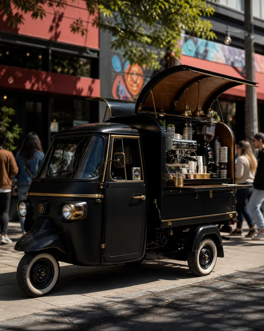 Coffee-cart Ape on a Saturday afternoon block, hand-finished livery and brass fittings.